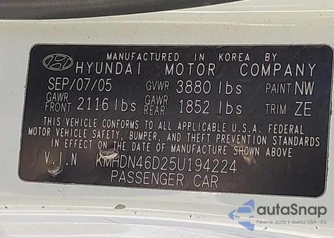 2005 Hyundai Elantra Gls/Gt z USA, uszkodzony, nr VIN KMHDN46D25U194224